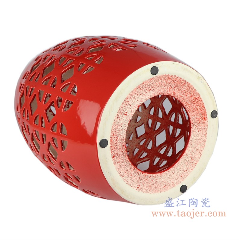 颜色釉红色镂空鼓凳凉墩;产品编号：RZLB03-A       产品尺寸(单位cm):  高：44直径：33.5口径：底径：26重量：5KG