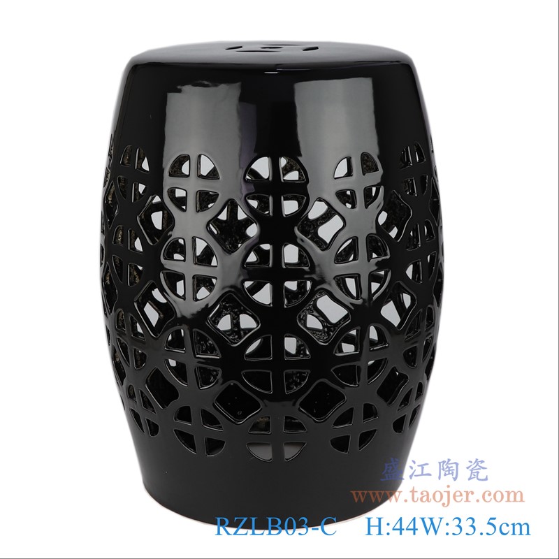 颜色釉黑色镂空鼓凳凉墩;产品编号:RZLB03-C 产品尺寸(单位cm): 高:44直径:33.5口径:底径:26重量:5KG