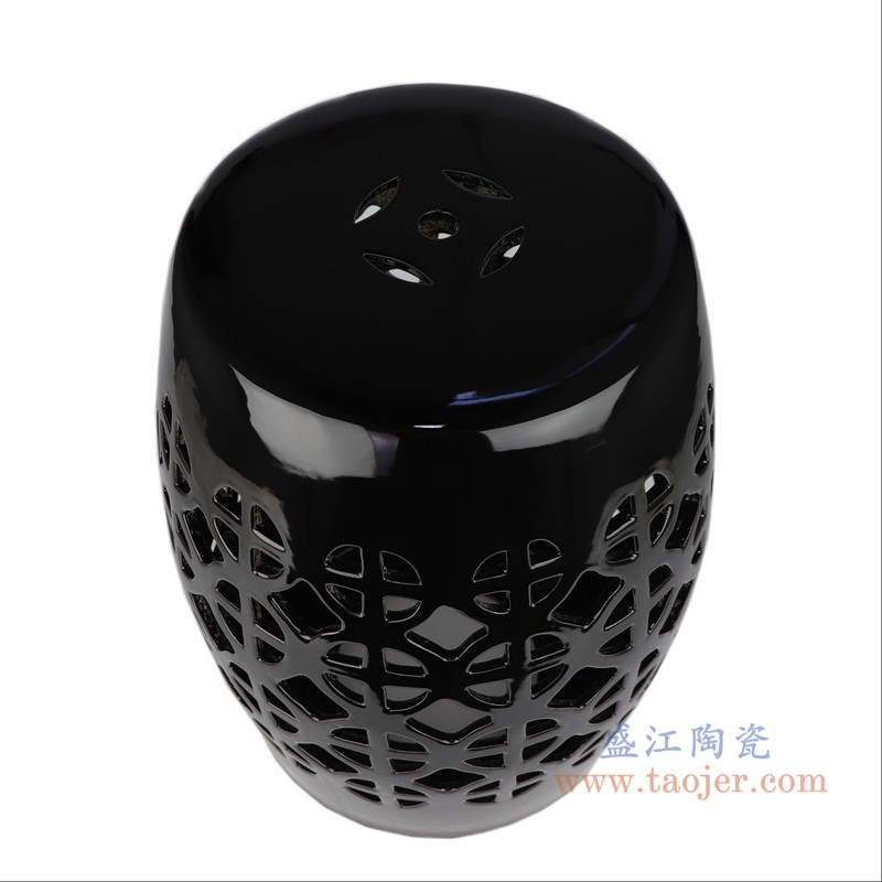 颜色釉黑色镂空鼓凳凉墩;产品编号:RZLB03-C 产品尺寸(单位cm): 高:44直径:33.5口径:底径:26重量:5KG