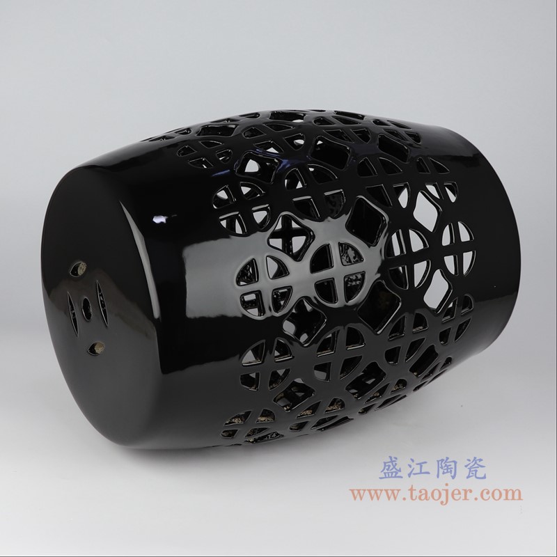 颜色釉黑色镂空鼓凳凉墩;产品编号:RZLB03-C 产品尺寸(单位cm): 高:44直径:33.5口径:底径:26重量:5KG