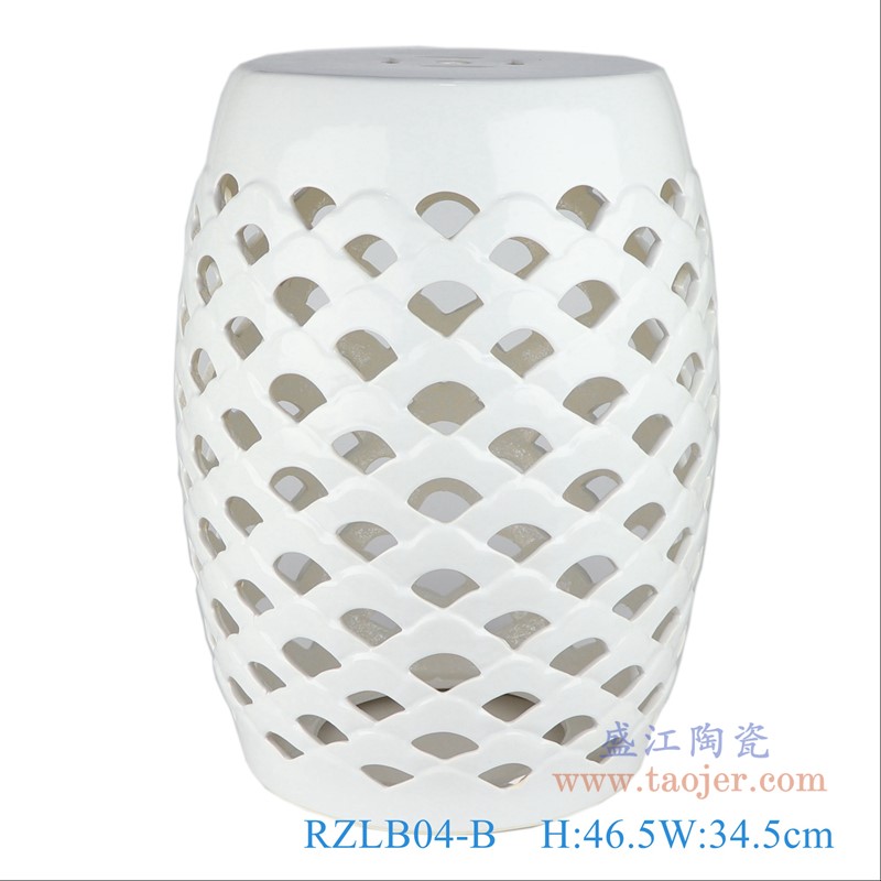 纯白色镂空凳子凉墩;产品编号:RZLB04-B 产品尺寸(单位cm): 高:46.5直径:34.5口径:底径:26重量:6KG