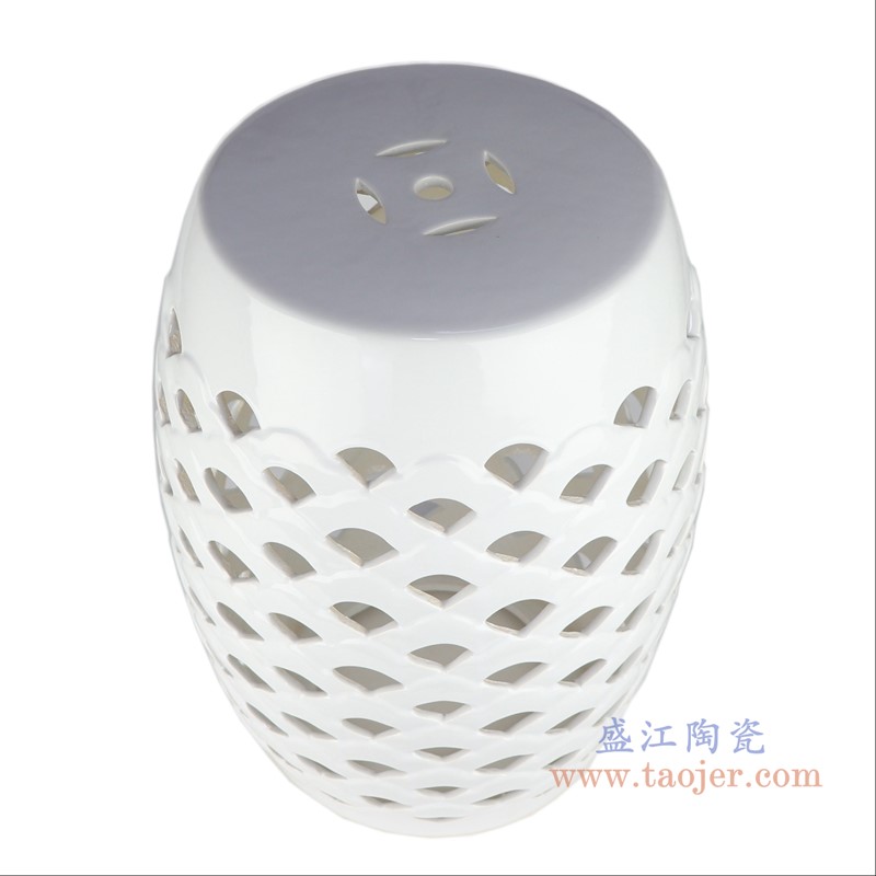 纯白色镂空凳子凉墩;产品编号:RZLB04-B 产品尺寸(单位cm): 高:46.5直径:34.5口径:底径:26重量:6KG