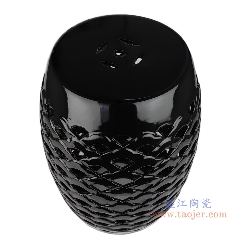 颜色釉黑色镂空凳子凉墩;产品编号：RZLB04-C       产品尺寸(单位cm):  高：46.5直径：34.5口径：底径：26重量：6KG