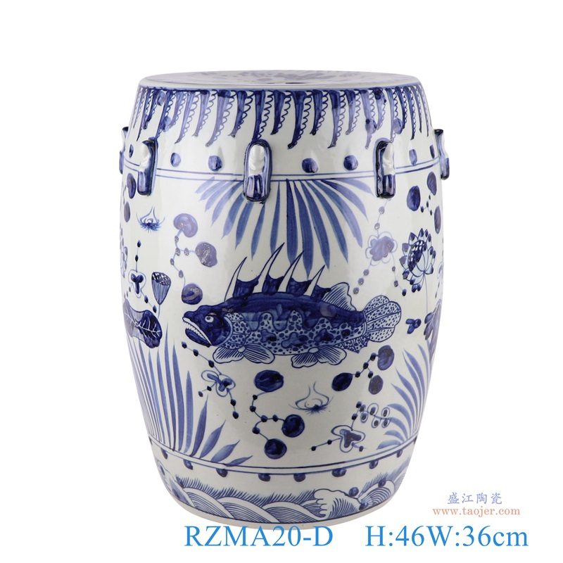 青花鱼草纹鼓凳;产品编号：RZMA20-D       产品尺寸(单位cm):  高：46直径：36口径：底径：27.5重量：12.6KG