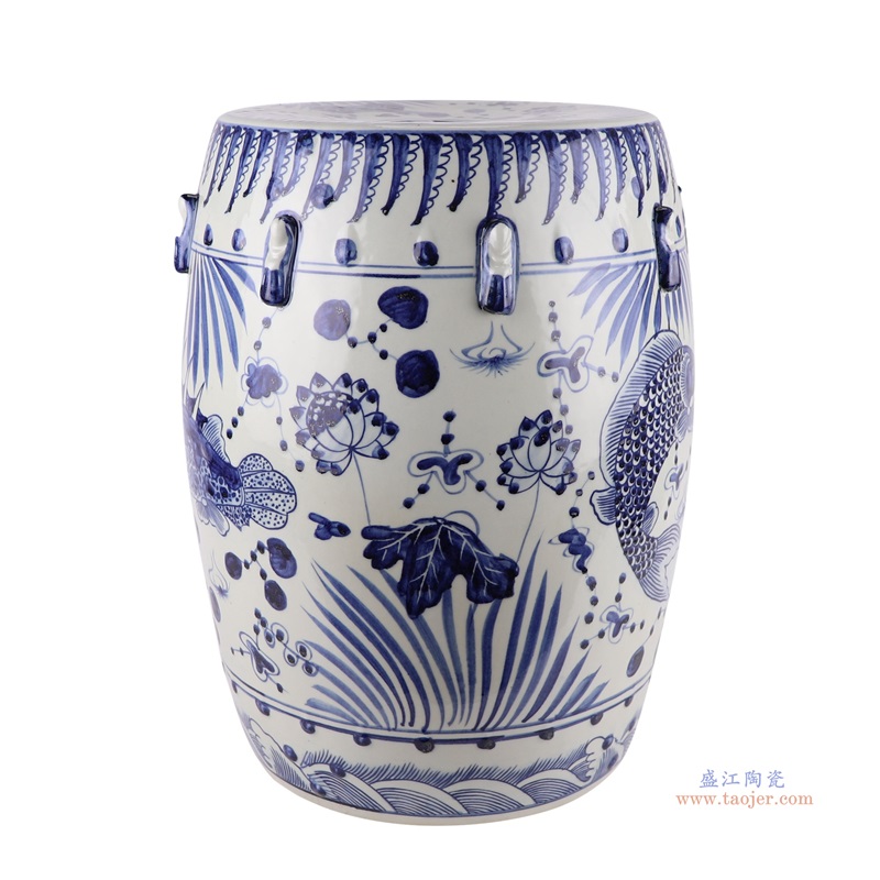 青花鱼草纹鼓凳;产品编号：RZMA20-D       产品尺寸(单位cm):  高：46直径：36口径：底径：27.5重量：12.6KG