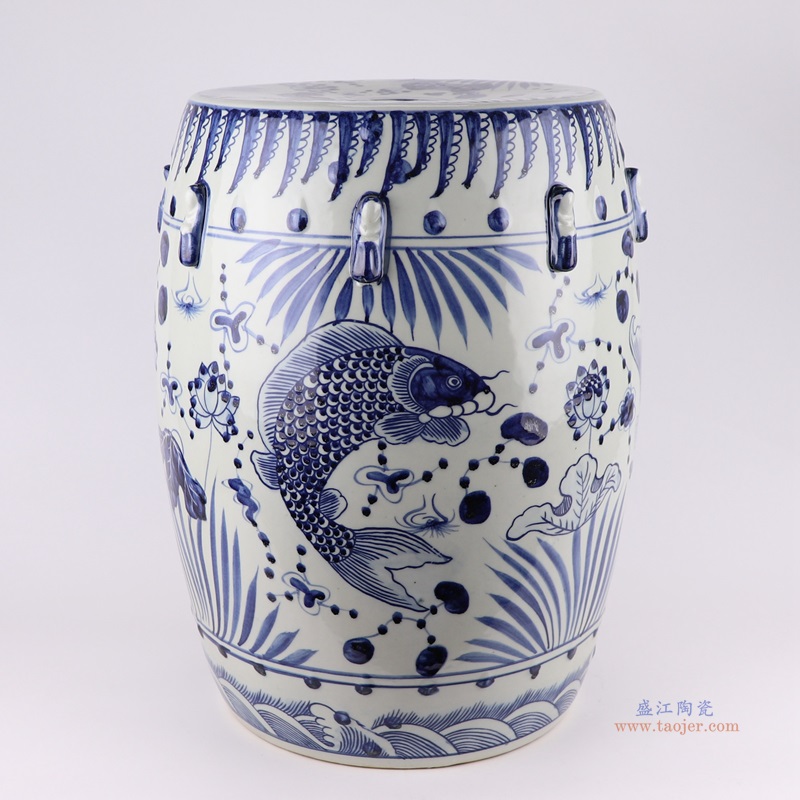 青花鱼草纹鼓凳;产品编号：RZMA20-D       产品尺寸(单位cm):  高：46直径：36口径：底径：27.5重量：12.6KG