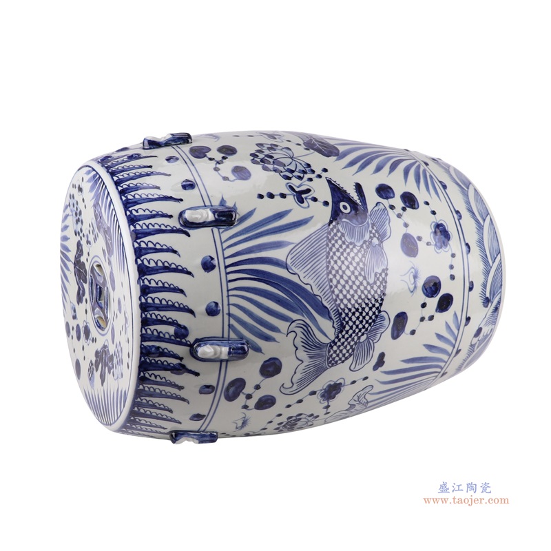 青花鱼草纹鼓凳;产品编号：RZMA20-D       产品尺寸(单位cm):  高：46直径：36口径：底径：27.5重量：12.6KG