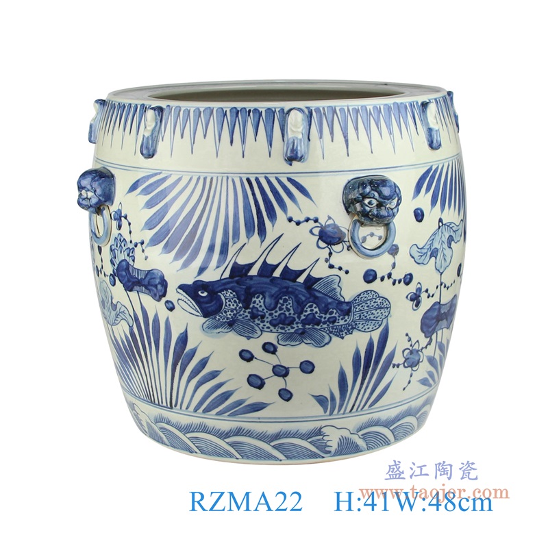 RZMA22 青花鱼藻纹鱼草狮子环大缸高:41直径:48口径:底径:36重量