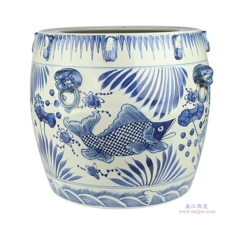 青花鱼藻纹鱼草狮子环大缸;产品编号：RZMA22       产品尺寸(单位cm):  高：41直径：48口径：底径：36重量：15KG