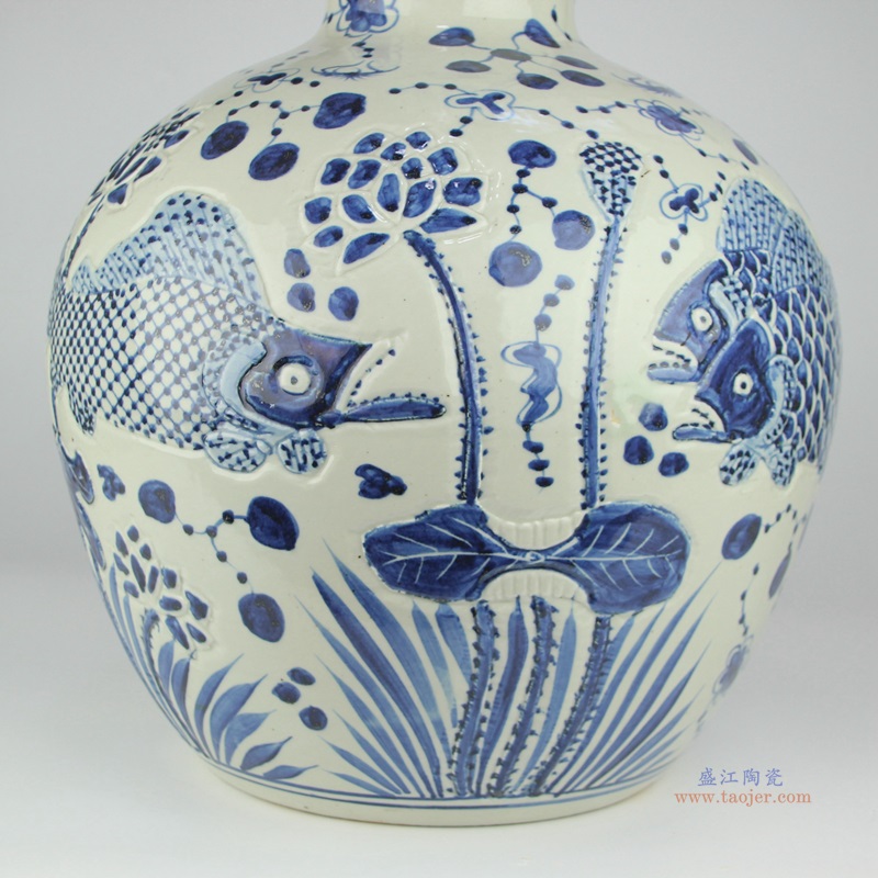 青花鱼藻纹天球瓶;产品编号：RZMA23       产品尺寸(单位cm):  高：60直径：38口径：底径：24重量：14KG