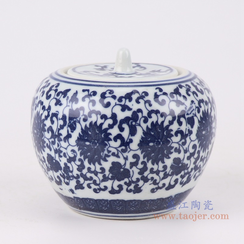 青花缠枝莲小苹果罐;产品编号：RZMX12       产品尺寸(单位cm):  高：9.5直径：11口径：底径：6.3重量：0.35KG