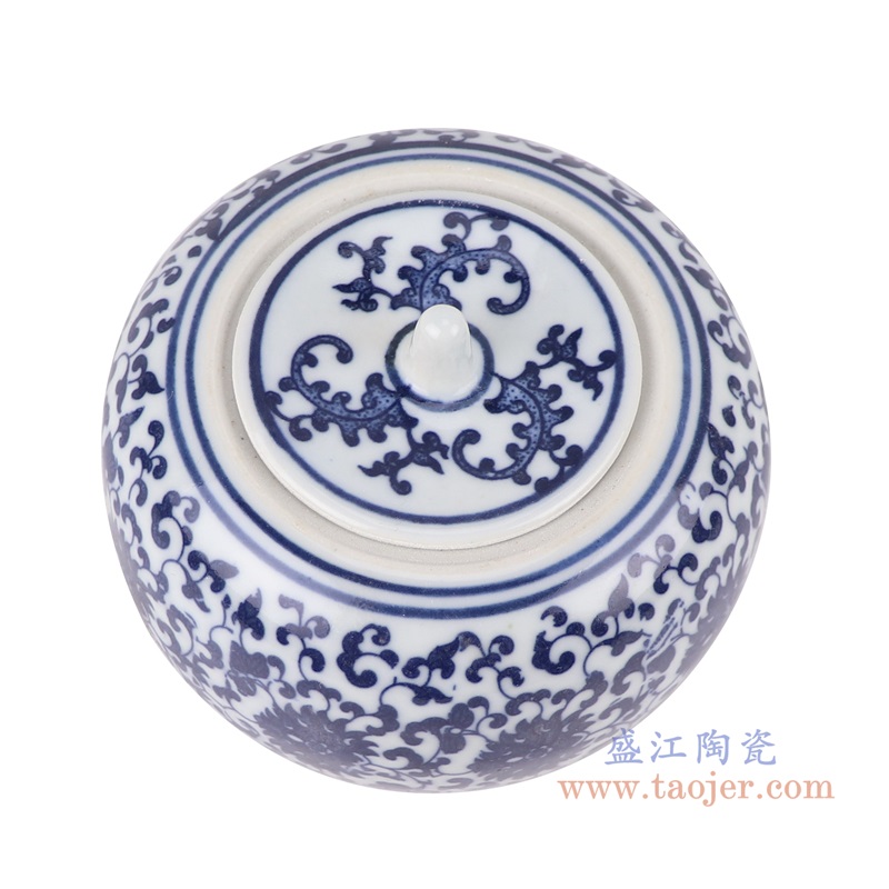 青花缠枝莲小苹果罐;产品编号：RZMX12       产品尺寸(单位cm):  高：9.5直径：11口径：底径：6.3重量：0.35KG
