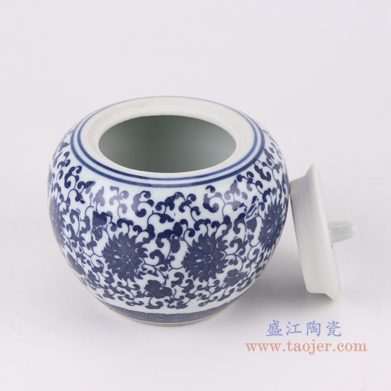 青花缠枝莲小苹果罐;产品编号：RZMX12       产品尺寸(单位cm):  高：9.5直径：11口径：底径：6.3重量：0.35KG