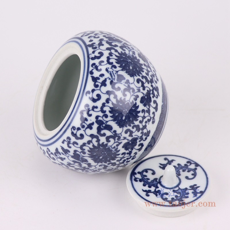 青花缠枝莲小苹果罐;产品编号：RZMX12       产品尺寸(单位cm):  高：9.5直径：11口径：底径：6.3重量：0.35KG