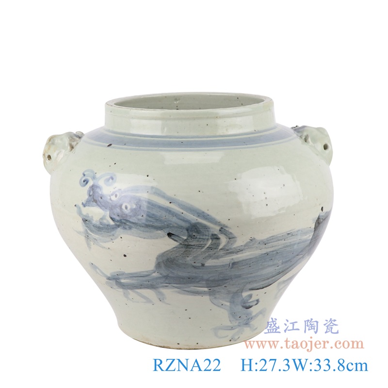 青花写意龙纹狮子头罐子;产品编号：RZNA22       产品尺寸(单位cm):  高：27.3直径：33.8口径：底径：18.5重量：5.55KG