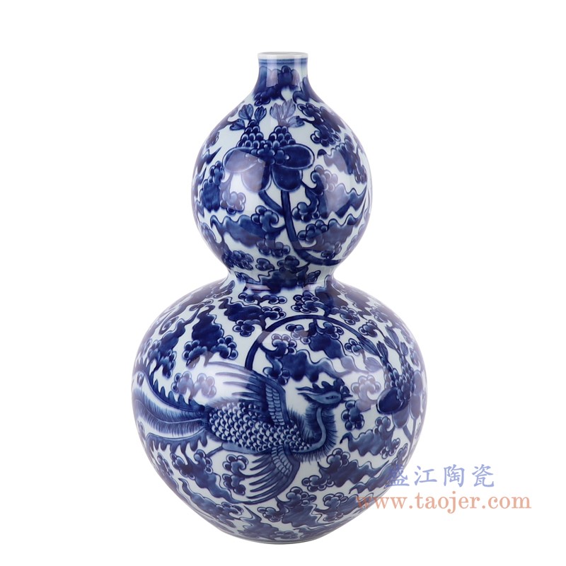 青花缠枝凤凰纹葫芦瓶;产品编号:RZOE12 产品尺寸(单位cm): 高:37.5直径:23.3口径:底径:10.5重量:3.1KG