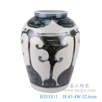 RZOX11   青花墨彩牛角琵琶纹罐子     高：43.4直径：32.6口径：底径：23.3重量：10.2KG