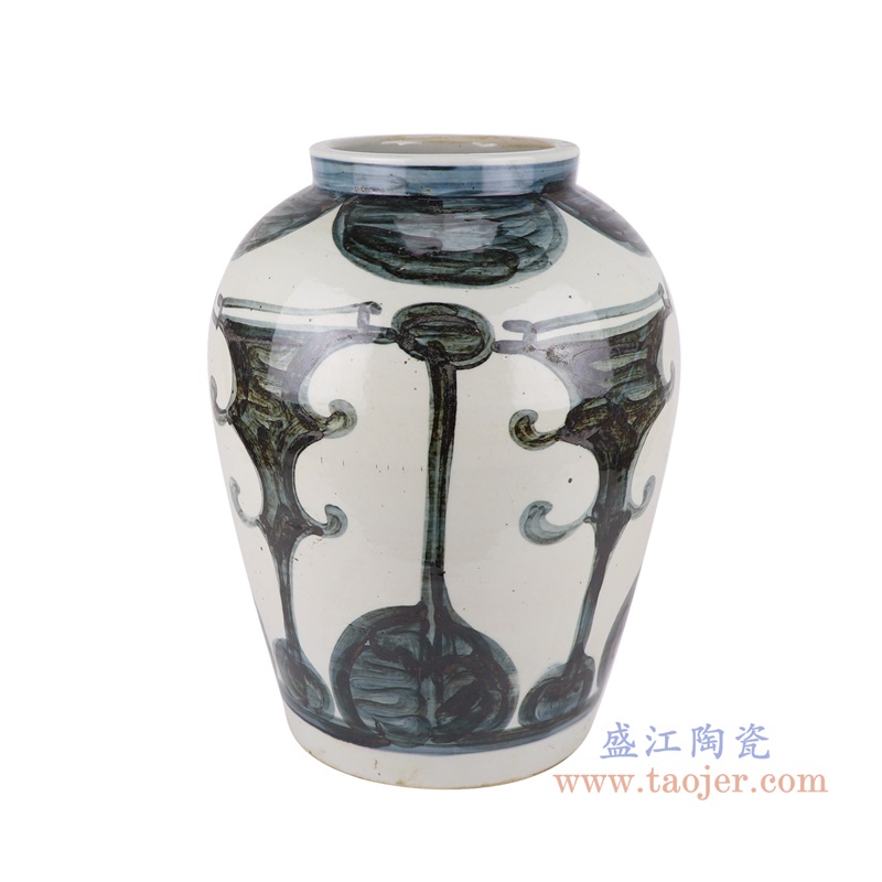 青花墨彩牛角琵琶纹罐子;产品编号：RZOX11       产品尺寸(单位cm):  高：43.4直径：32.6口径：底径：23.3重量：10.2KG