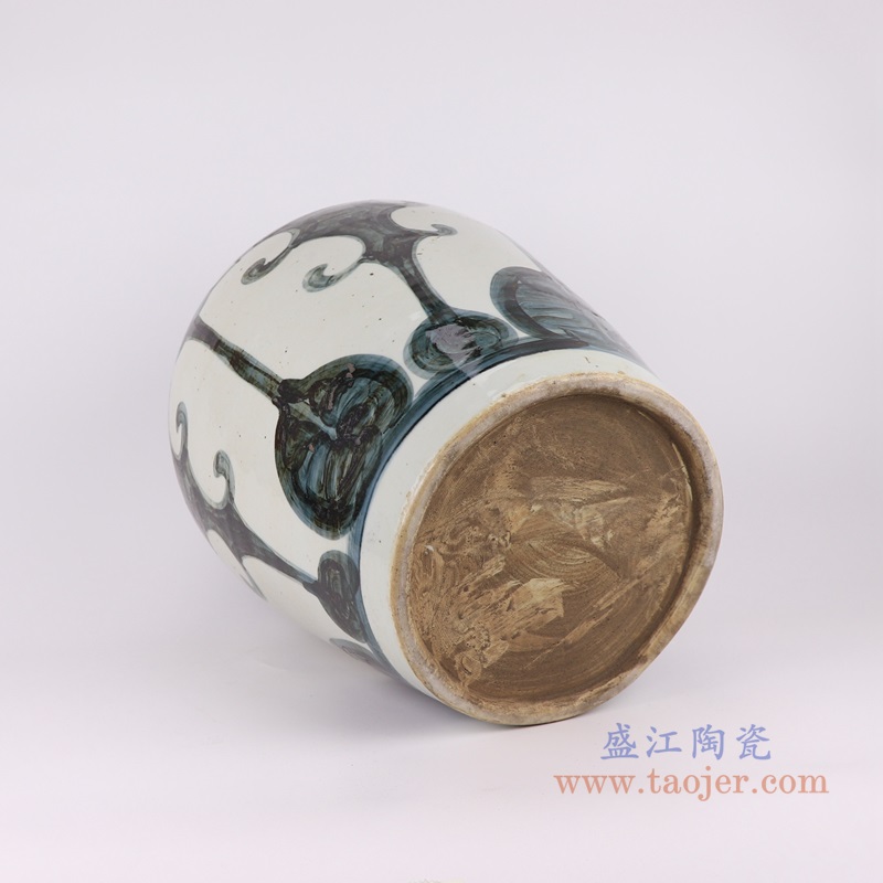 青花墨彩牛角琵琶纹罐子;产品编号：RZOX11       产品尺寸(单位cm):  高：43.4直径：32.6口径：底径：23.3重量：10.2KG