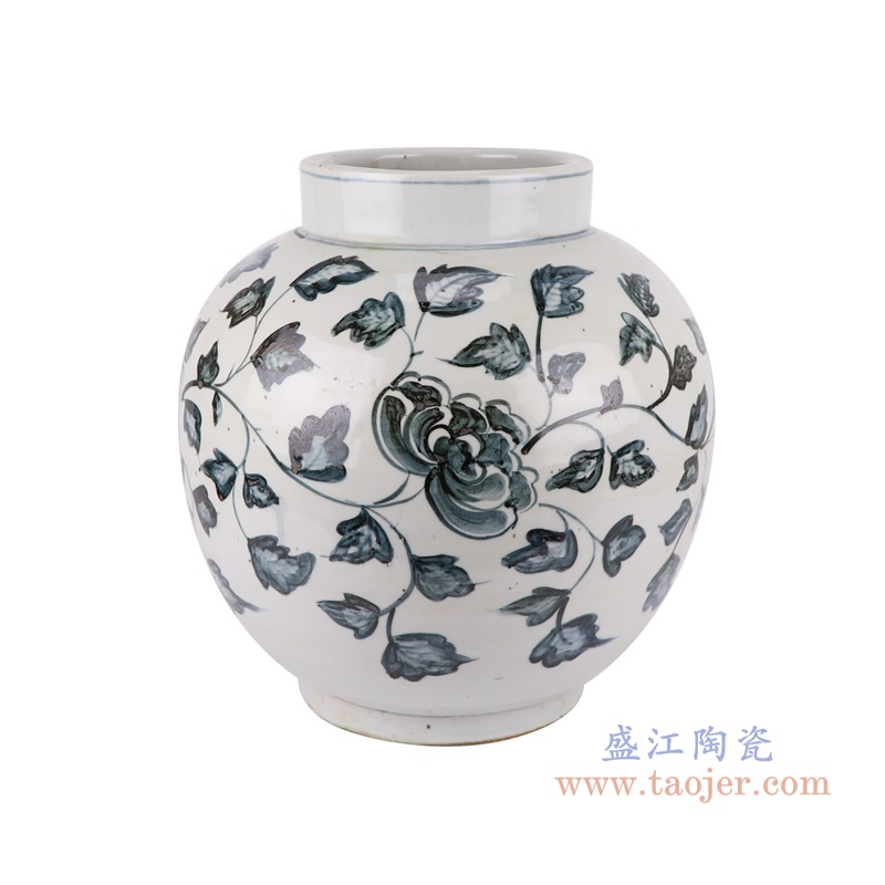 青花牡丹花卉罐子;产品编号：RZOX12       产品尺寸(单位cm):  高：37.2直径：35.2口径：底径：20.2重量：10.9KG