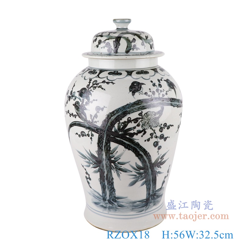 墨彩花鸟将军罐;产品编号：RZOX18       产品尺寸(单位cm):  高：56直径：32.5口径：底径：24重量：11.6KG