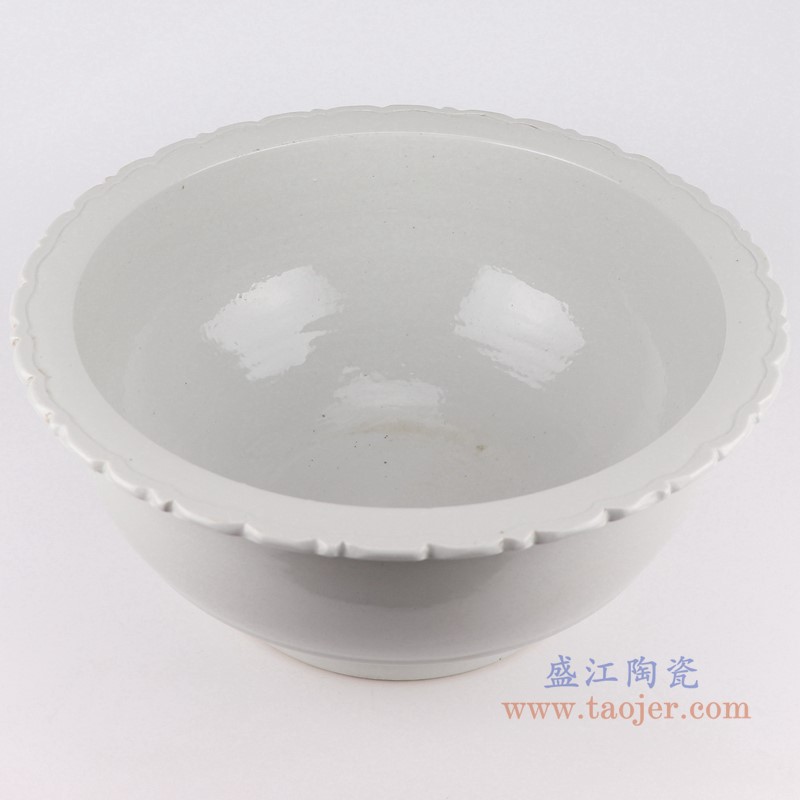 纯白色花口大碗大缸;产品编号:RZPI69 产品尺寸(单位cm): 高:19直径:42口径:底径:23重量:6.9KG