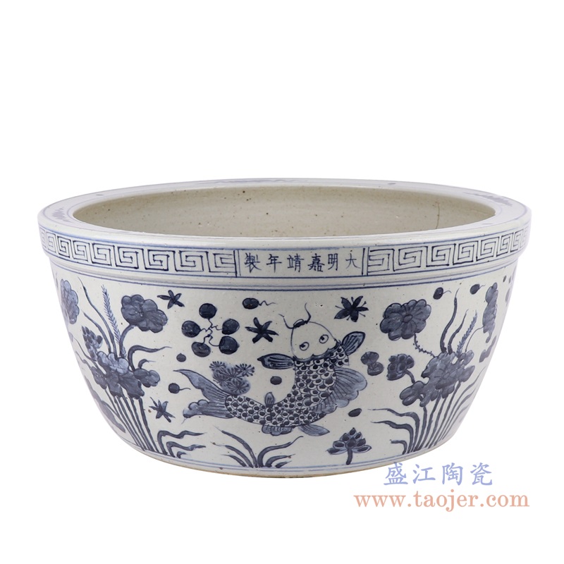 仿古青花鱼藻纹水浅大碗缸;产品编号:RZPJ17 产品尺寸(单位cm): 高:22.5直径:47口径:底径:34.2重量:9.7KG