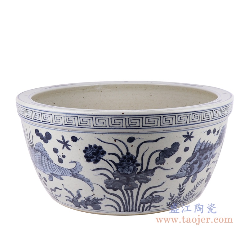 仿古青花鱼藻纹水浅大碗缸;产品编号:RZPJ17 产品尺寸(单位cm): 高:22.5直径:47口径:底径:34.2重量:9.7KG