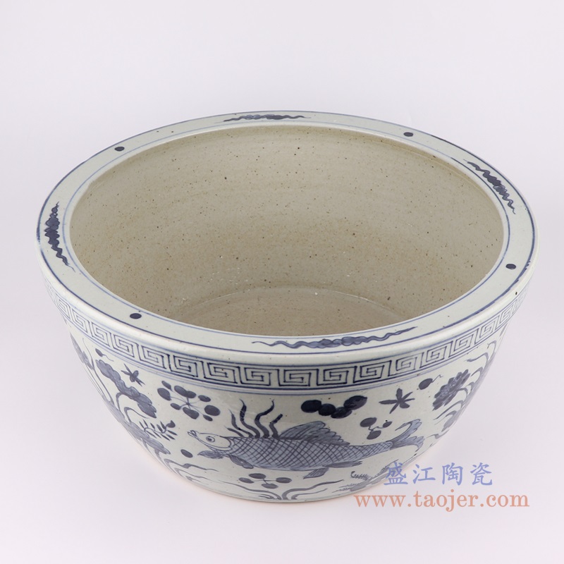 仿古青花鱼藻纹水浅大碗缸;产品编号:RZPJ17 产品尺寸(单位cm): 高:22.5直径:47口径:底径:34.2重量:9.7KG
