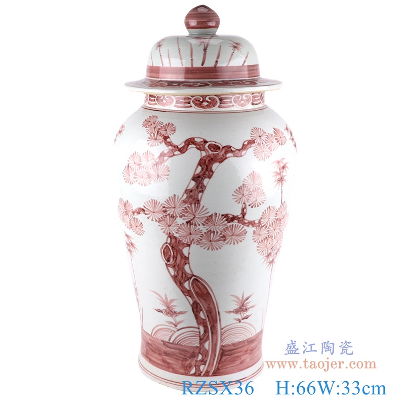 矾红松竹纹将军罐;产品编号:RZSX36 产品尺寸(单位cm): 高:66直径:33口径:底径:23.5重量:13.65KG