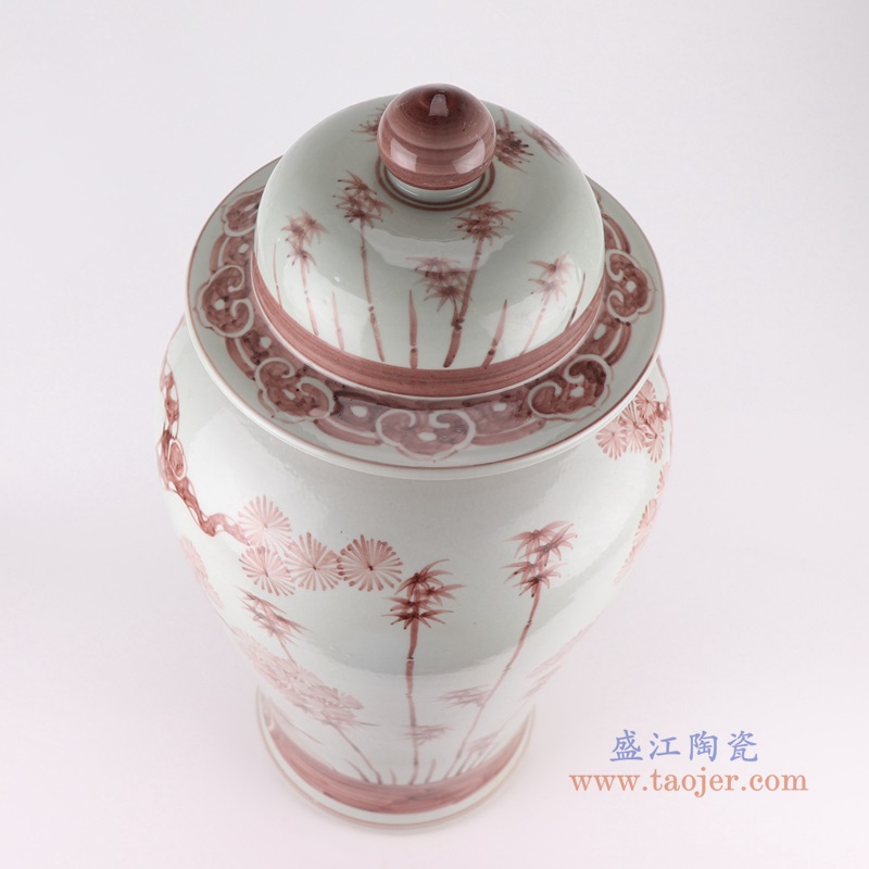 矾红松竹纹将军罐;产品编号:RZSX36 产品尺寸(单位cm): 高:66直径:33口径:底径:23.5重量:13.65KG