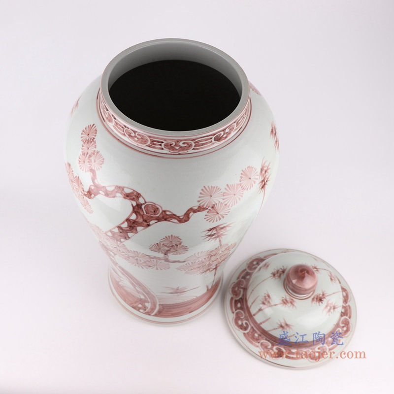 矾红松竹纹将军罐;产品编号:RZSX36 产品尺寸(单位cm): 高:66直径:33口径:底径:23.5重量:13.65KG