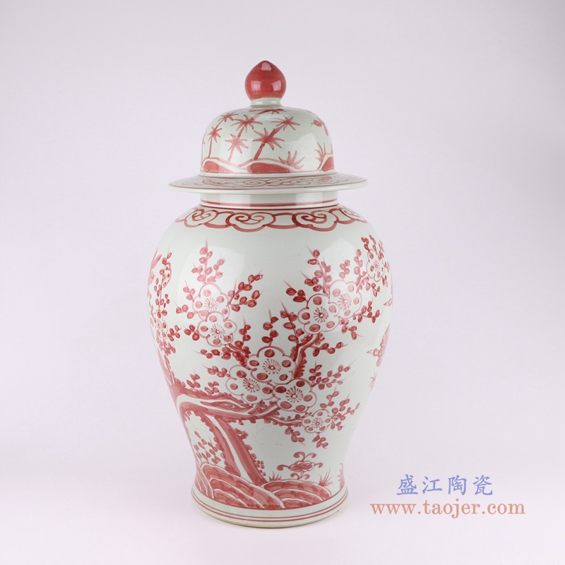 矾红花鸟梅花竹纹将军罐;产品编号：RZSX37       产品尺寸(单位cm):  高：56直径：31.2口径：底径：20.7重量：10.35KG