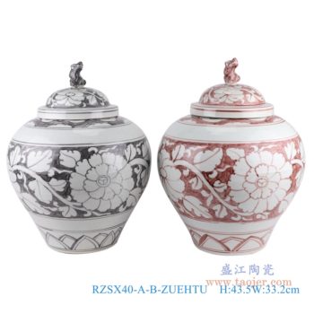 RZSX40-A-B-ZUEHTU    墨彩矾红花卉狗头罐  高：43.5直径：33.2口径：底径：重量：KG