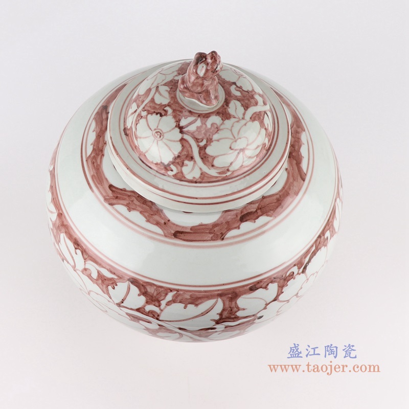 矾红花卉狗头罐;产品编号：RZSX40-A       产品尺寸(单位cm):  高：43.5直径：33.2口径：底径：16.5重量：6.55KG