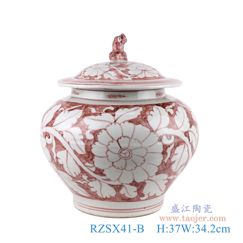 矾红花卉狗头罐盖罐;产品编号：RZSX41-B       产品尺寸(单位cm):  高：37直径：34.2口径：底径：19重量：6.6KG