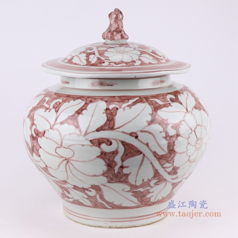 矾红花卉狗头罐盖罐;产品编号：RZSX41-B       产品尺寸(单位cm):  高：37直径：34.2口径：底径：19重量：6.6KG