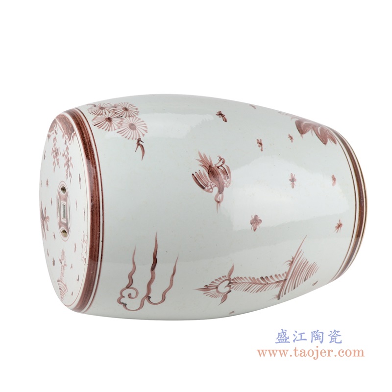 矾红松鹤鼓凳子凉墩;产品编号：RZSX42       产品尺寸(单位cm):  高：46直径：36口径：底径：27.5重量：12.6KG