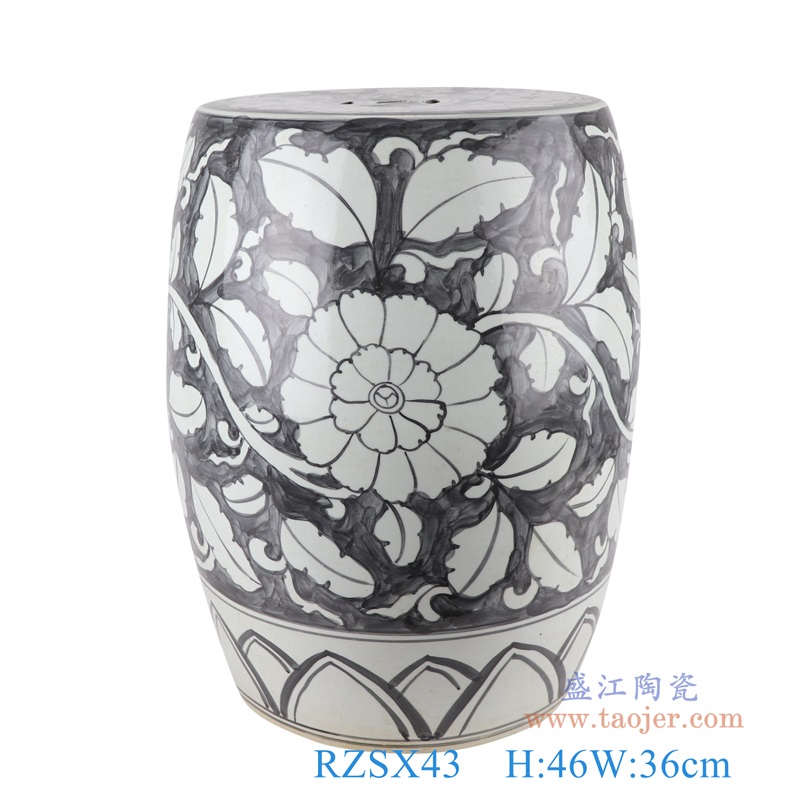 墨彩花卉鼓凳子凉墩;产品编号：RZSX43 产品尺寸(单位cm): 高：46直径：36口径：底径：27.5重量：12.6KG