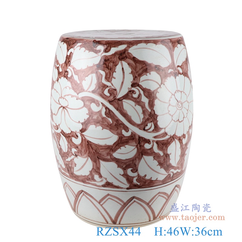 矾红花卉鼓凳子凉墩;产品编号：RZSX44       产品尺寸(单位cm):  高：46直径：36口径：底径：27.5重量：12.6KG
