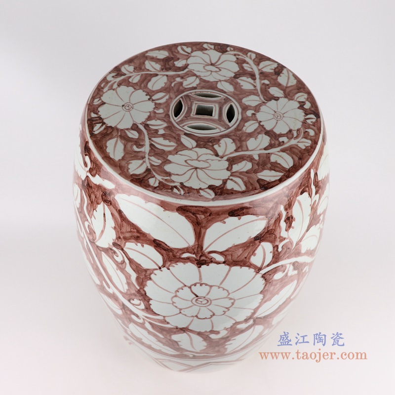 矾红花卉鼓凳子凉墩;产品编号：RZSX44       产品尺寸(单位cm):  高：46直径：36口径：底径：27.5重量：12.6KG
