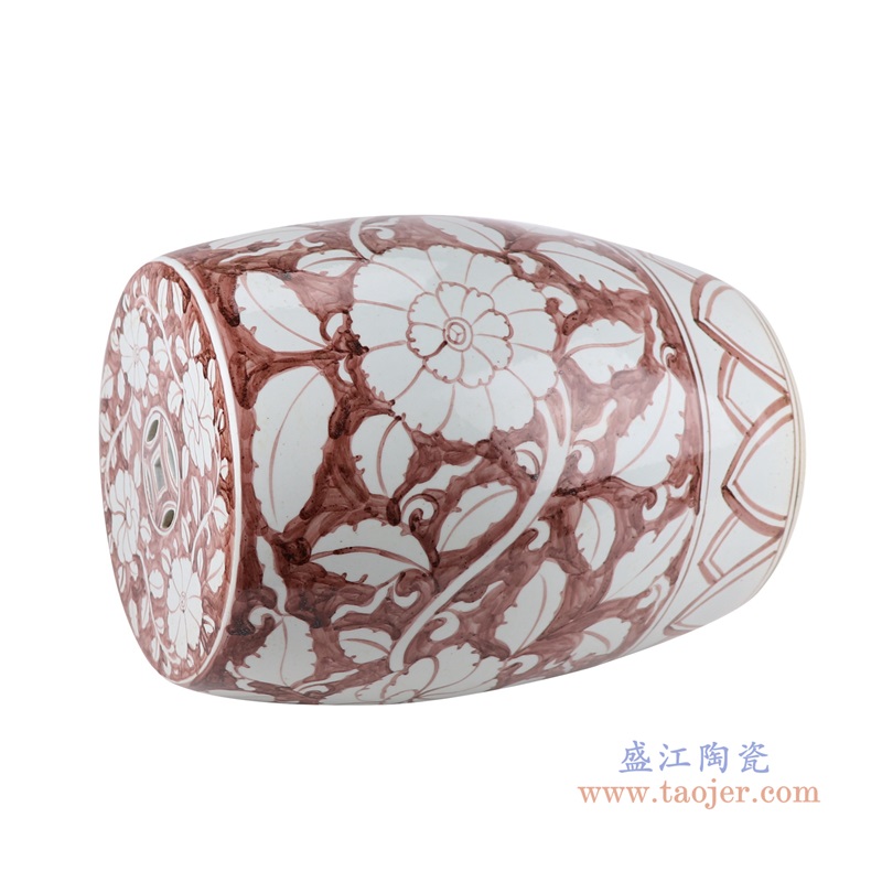 矾红花卉鼓凳子凉墩;产品编号：RZSX44       产品尺寸(单位cm):  高：46直径：36口径：底径：27.5重量：12.6KG