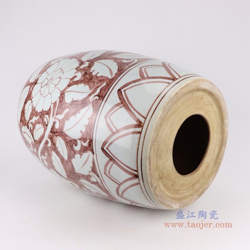 矾红花卉鼓凳子凉墩;产品编号：RZSX44       产品尺寸(单位cm):  高：46直径：36口径：底径：27.5重量：12.6KG
