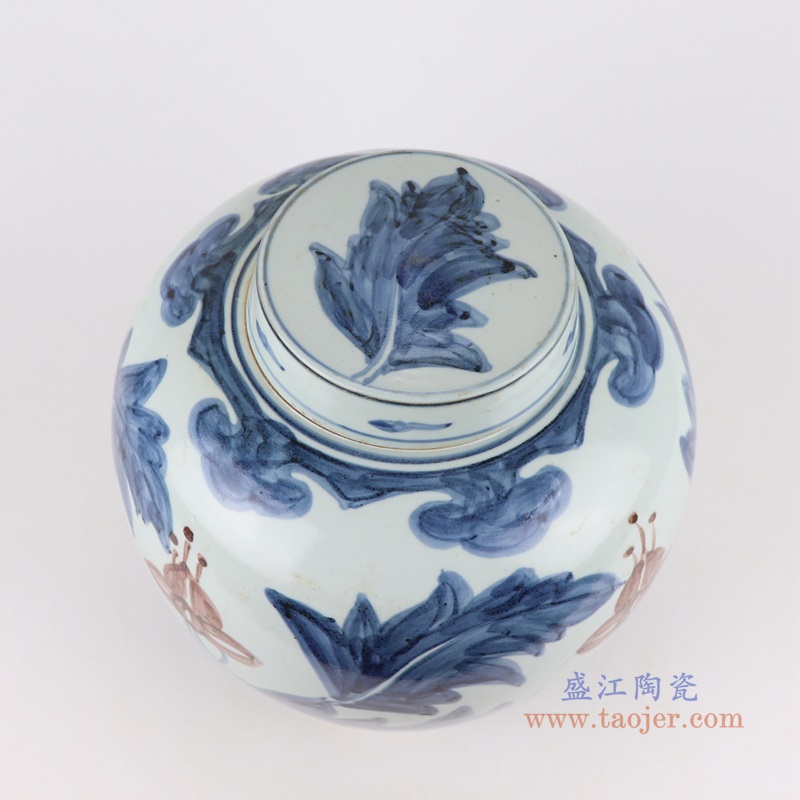 青花釉里红花叶纹茶叶罐;产品编号：RZSX45       产品尺寸(单位cm):  高：28.5直径：25口径：底径：14.5重量：4.15KG