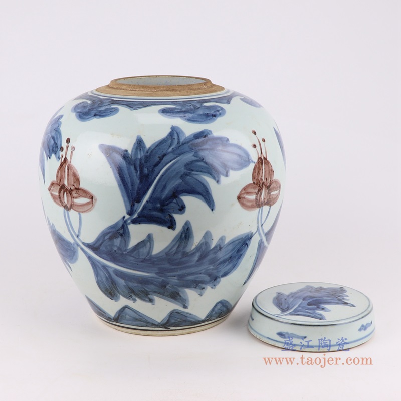 青花釉里红花叶纹茶叶罐;产品编号：RZSX45       产品尺寸(单位cm):  高：28.5直径：25口径：底径：14.5重量：4.15KG