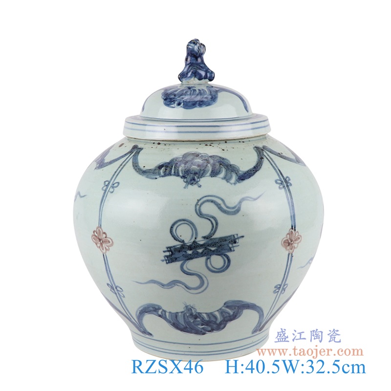 青花釉里红琴棋书画狗头罐;产品编号：RZSX46       产品尺寸(单位cm):  高：40.5直径：32.5口径：底径：18.5重量：6.7KG