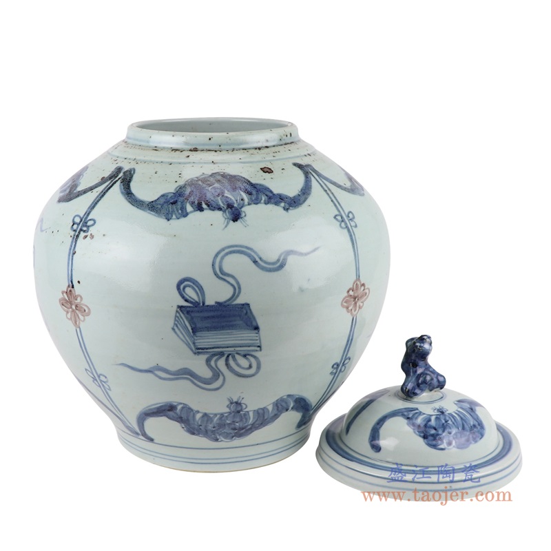 青花釉里红琴棋书画狗头罐;产品编号：RZSX46       产品尺寸(单位cm):  高：40.5直径：32.5口径：底径：18.5重量：6.7KG
