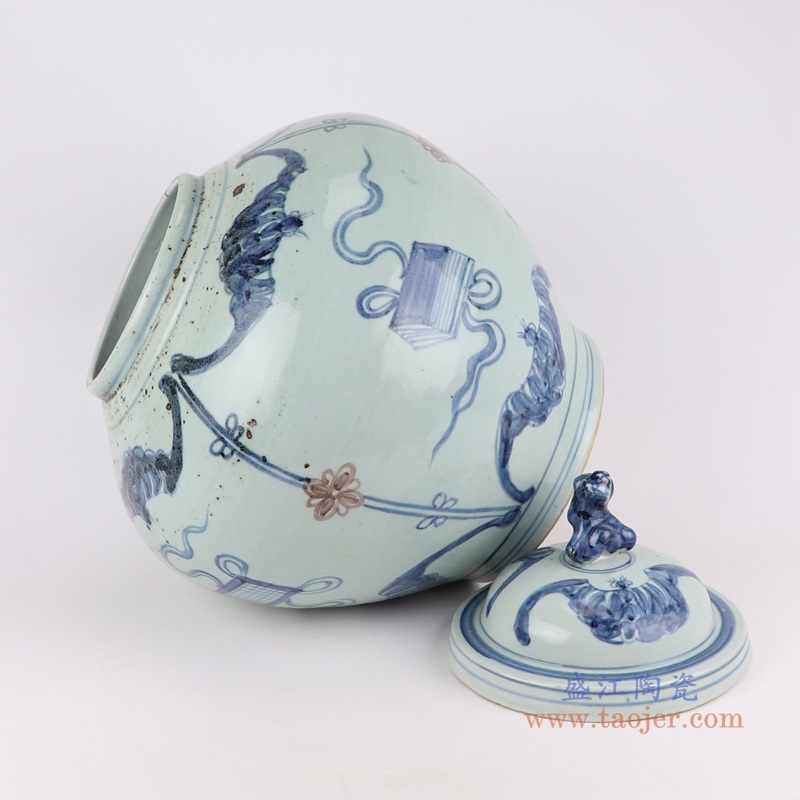 青花釉里红琴棋书画狗头罐;产品编号：RZSX46       产品尺寸(单位cm):  高：40.5直径：32.5口径：底径：18.5重量：6.7KG
