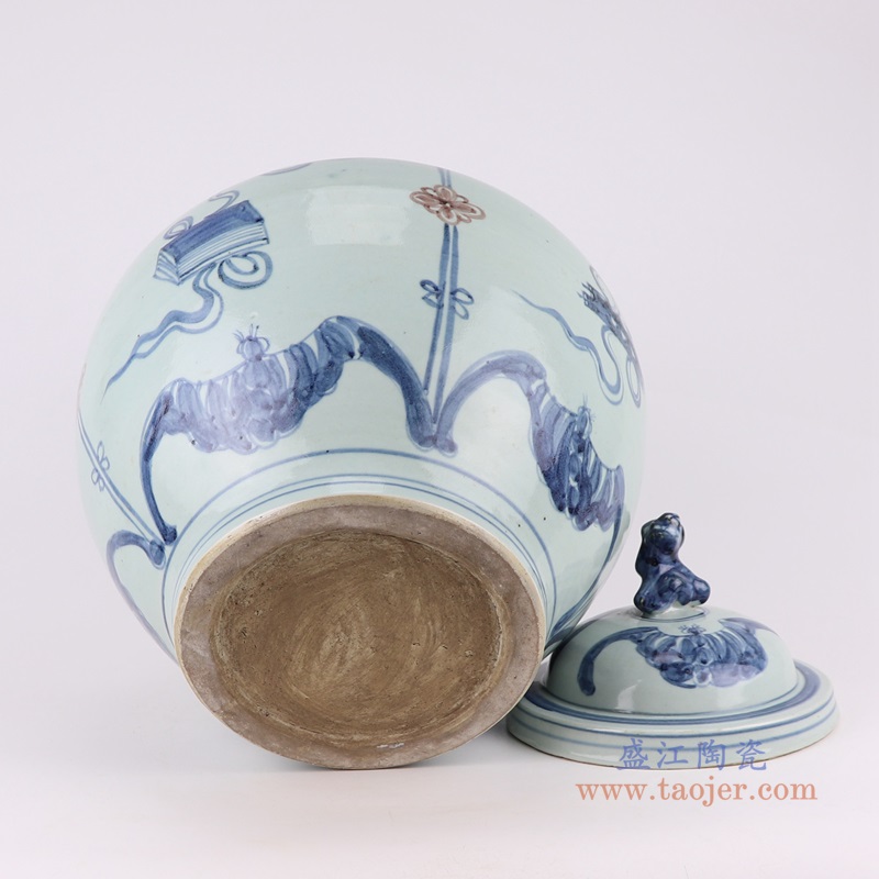 青花釉里红琴棋书画狗头罐;产品编号：RZSX46       产品尺寸(单位cm):  高：40.5直径：32.5口径：底径：18.5重量：6.7KG
