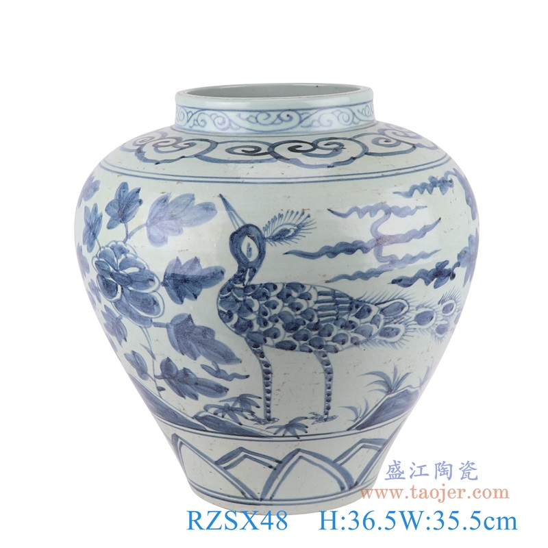 青花花鸟孔雀纹罐子;产品编号:RZSX48 产品尺寸(单位cm): 高:36.5直径:35.5口径:底径:17.3重量:7.7KG